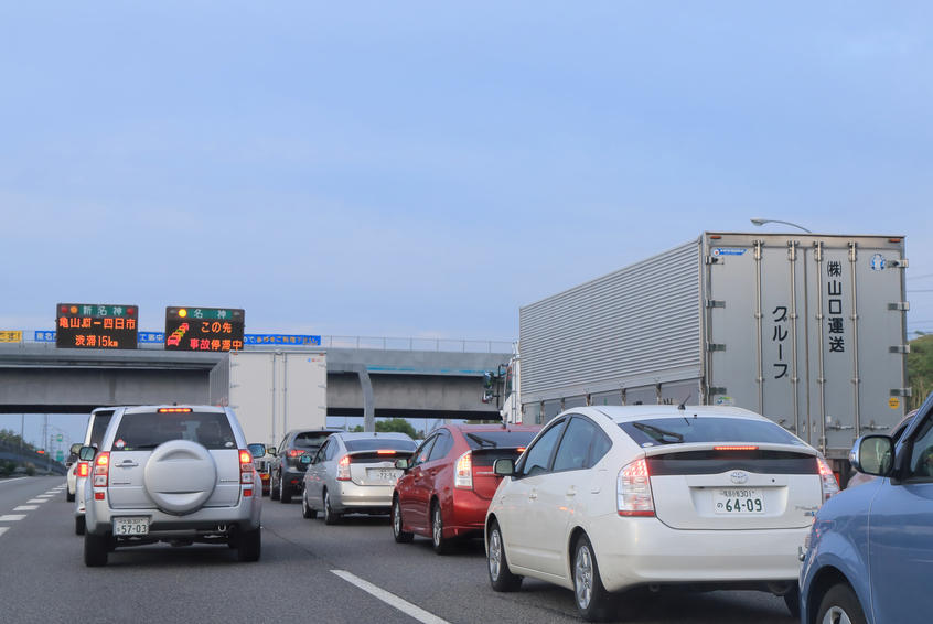 Kyoto Japan - May 6, 2015: Cars and trucks in traffic jam due to traffic accident in Meishin highway in Siga prefecture Japan.