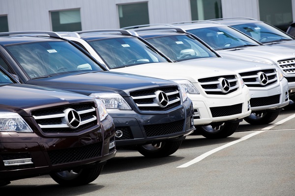Halifax, Nova Scotia, Canada - May 29, 2011: New GLK-Class Mercedes Vehicles in a Row at Car Dealership.  Mercedes is a manufacturer of luxury vehicles and had a broad range of vehicles ranging from the entry-level B-Class to the range topping supercar the Mercedes SLS-AMG.